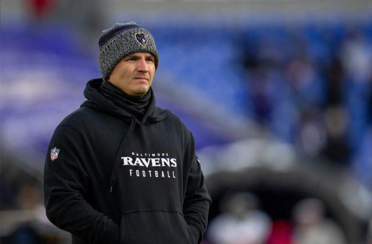 New Seahawks coach Mike Maconald as Ravens defensive coordinator at his now-former team’s AFC divisional playoff game against Houston Jan. 20, 2024, in Baltimore. Seattle hired the 36-year-old Macdonald as the ninth head coach in franchise history Jan. 31, 2024.