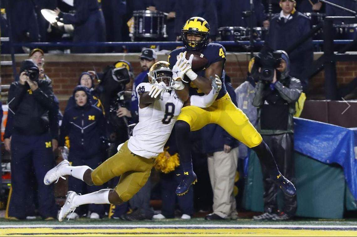 Michigan’s Nico Collins is 6 feet 4 and 215 pounds. That and his seven touchdown passes with 20 yards per catch his final season for the Wolverines has caught the attention of Pete Carroll and the Seahawks.