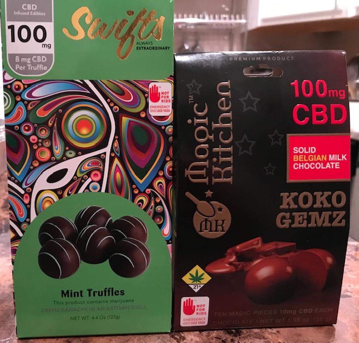 Examples of CBD-infused chocolates sold in Washington recreational cannabis stores.