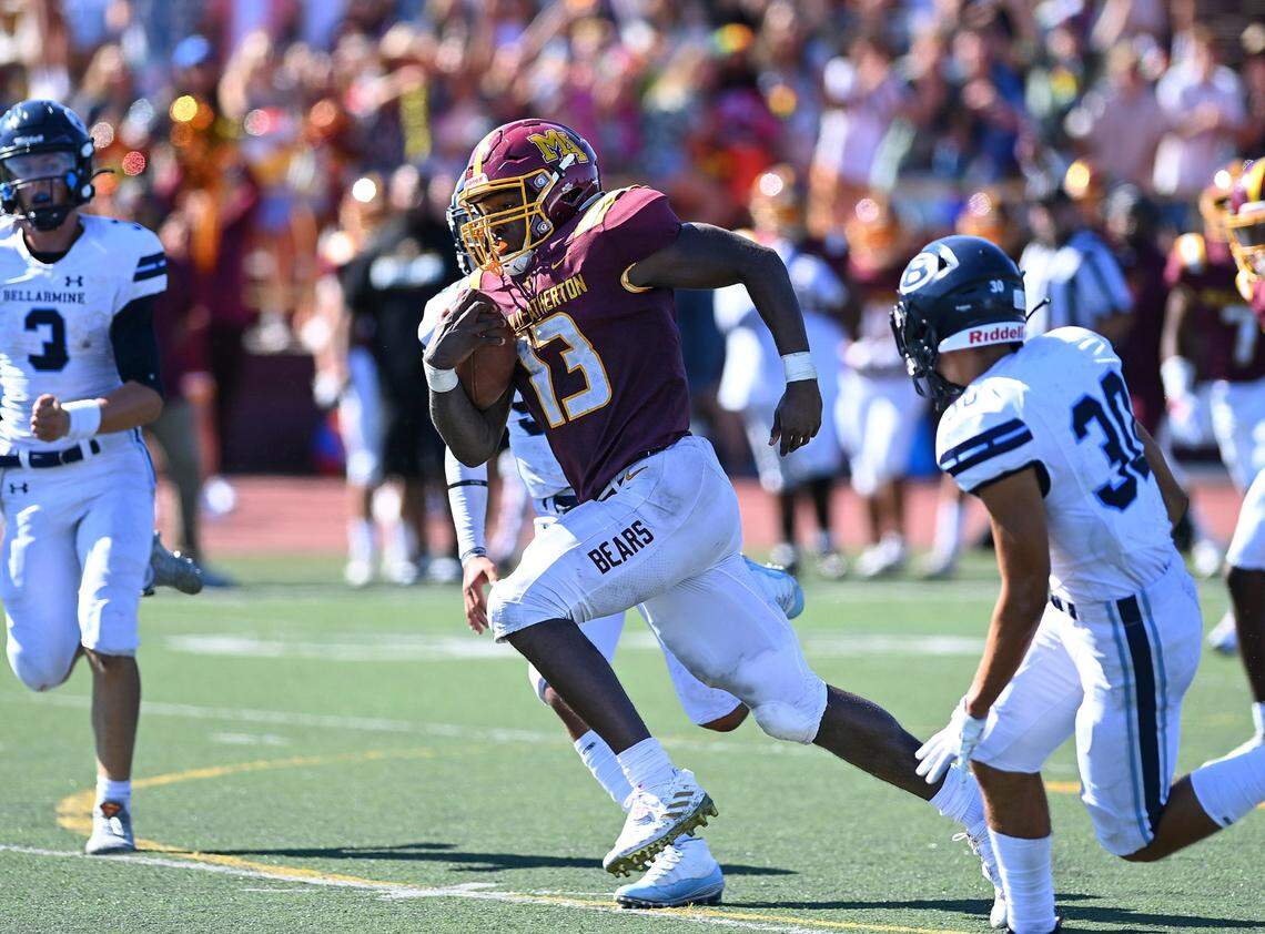 Menlo-Atherton wide receiver Jurrion Dickey (13) during a game against Bellarmine College Prep on Saturday, Aug. 27, 2022 at Menlo-Atherton High School in Atherton, Calif.