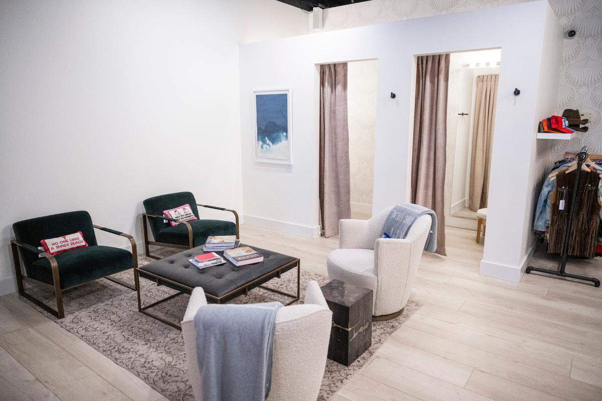 A view of the dressing rooms that are inside R Storie, a new women’s clothing boutique, on Nov. 30, 2022. R Storie owner Rachel Peirce opened her shop in October 2022 in Gig Harbor after working for Nordstrom for over 20 years.