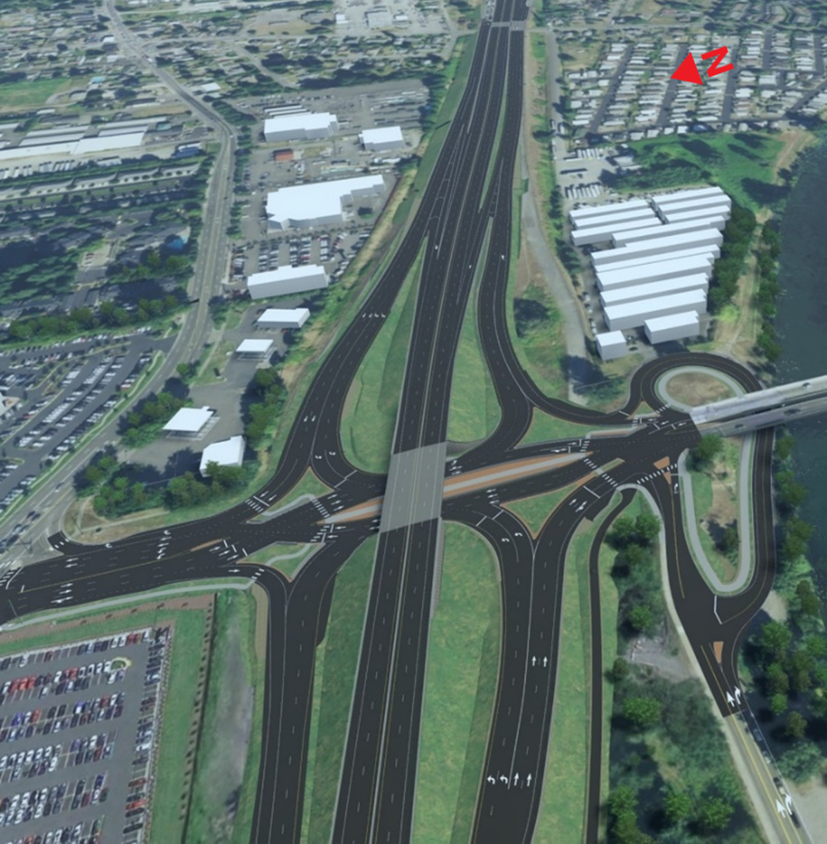 This rendering shows a east-facing view of the conceptual design for the new diverging diamond interchange between SR 167 and SR 161/North Meridian Avenue. The interchange will be completed in 2027 but the extension of SR 167 (bottom of rendering) won’t be finished until 2029.