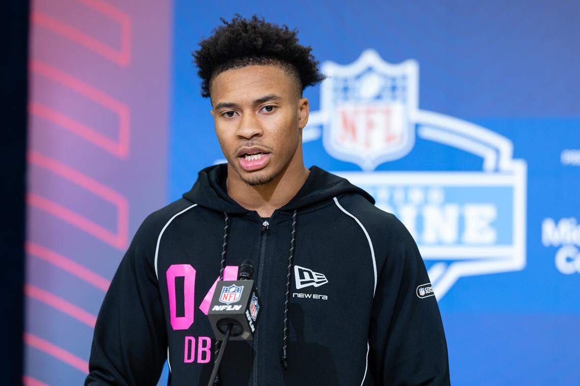 INDIANAPOLIS, INDIANA - FEBRUARY 26: Brandon Cisse of the South Carolina Gamecocks speaks to the media during the 2026 NFL Draft Combine at the Indiana Convention Center on February 26, 2026 in Indianapolis, Indiana. (Photo by Michael Hickey/Getty Images)