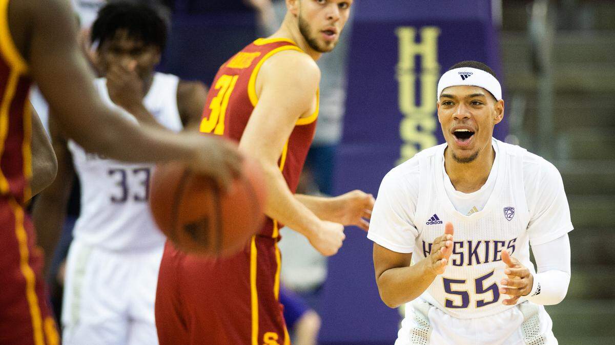 Washington Huskies guard Quade Green (55) is fired up early during the first half. The Washington Huskies played the USC Trojans in a NCAA basketball game at Hec Edmundson Pavilion in Seattle, Wash., on Sunday, Jan. 5, 2020.