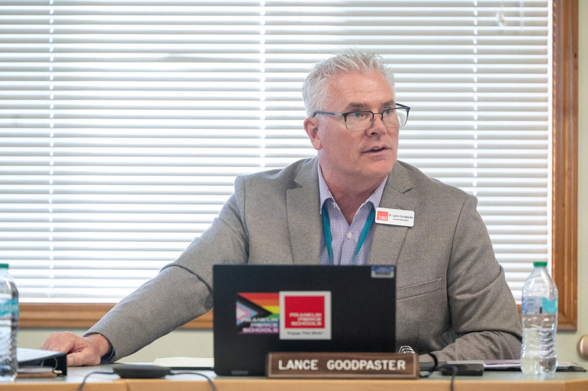 Franklin Pierce School District superintendent Lance Goodpaster speaks at a school board meeting on Tuesday, June 3, 2025, at the district’s administrative center in Tacoma.