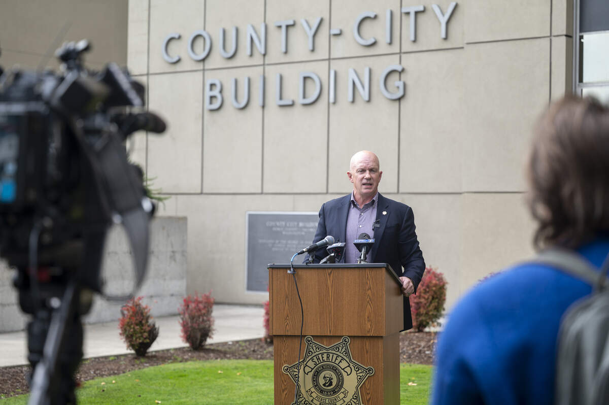 Pierce County Sheriff Keith Swank answers media questions at a press conference about the charging of Maj. Chadwick Dickerson on Thursday, Oct. 23, 2025, in Tacoma, Wash. Dickerson was charged Wednesday with two counts of DUI vehicular assault for crashing his pickup into an SUV near Graham.
