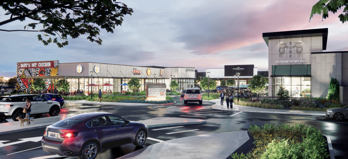 A rendering showing Dave’s Hot Chicken, Simply Thai Restaurant, Supreme Dumplings and more going into The Village at Tacoma Mall.
