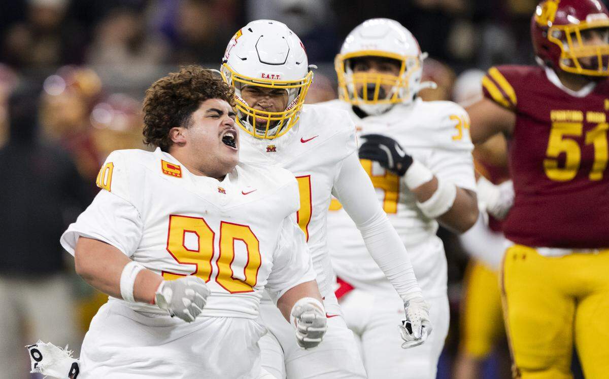 Mt. Tahoma defensive tackle Andrew Aaseli (90) reacts to a stop against O'Dea during the third quarter of the 3A State Championship game at Husky Stadium, on Friday, Dec. 5, 2025, in Seattle.