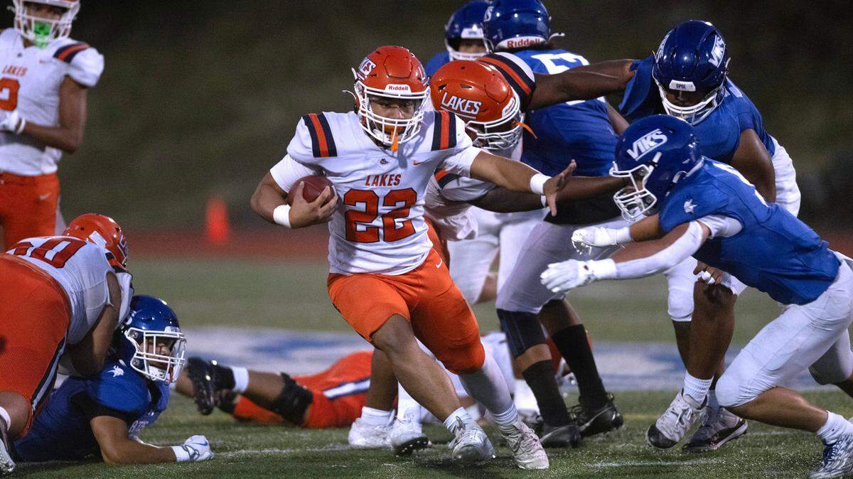 Lakes’ Toetu Moliga during Friday night’s football game at Viking Stadium in University Place, Washington, on Sept. 20, 2024. After trailing 10-0, Lakes won the game, 14-10.