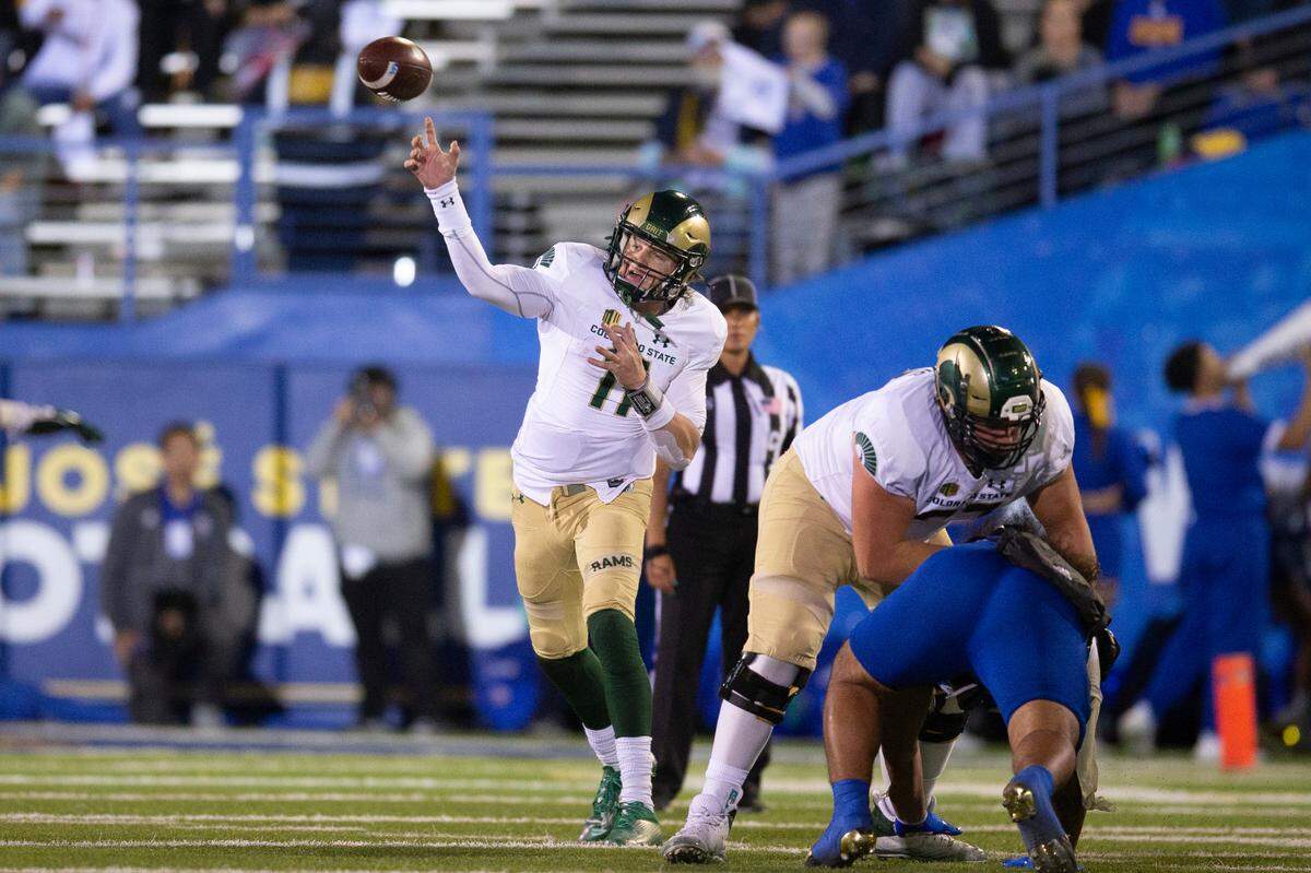 Colorado State quarterback Clay Millen (11) throws a pass against San Jose State during the second quarter of an NCAA college football game, Saturday, Nov. 5, 2022, in San Jose, Calif. (AP Photo/D. Ross Cameron)
