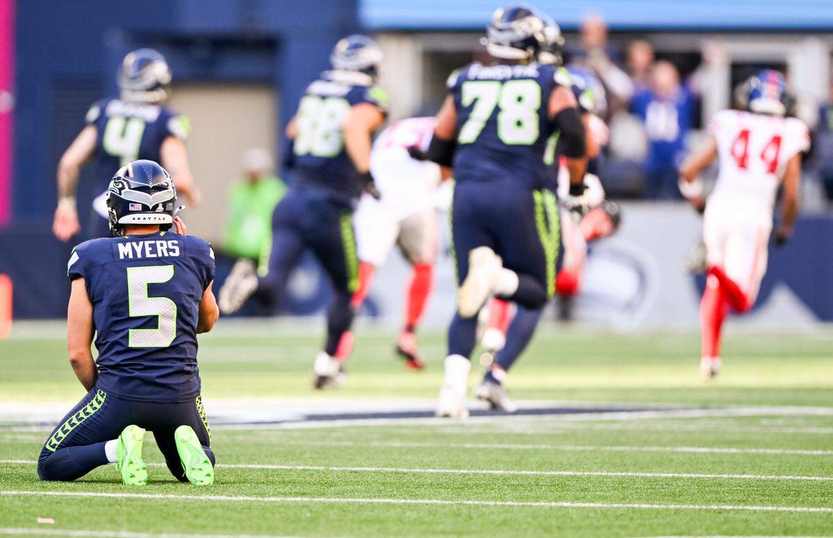Seattle Seahawks place kicker Jason Myers (5) reacts to a block field goal attempt that the New York Giants ran back for a touchdown in the closing seconds of the game at Lumen Field, on Sunday, Oct. 6, 2024 in Seattle.