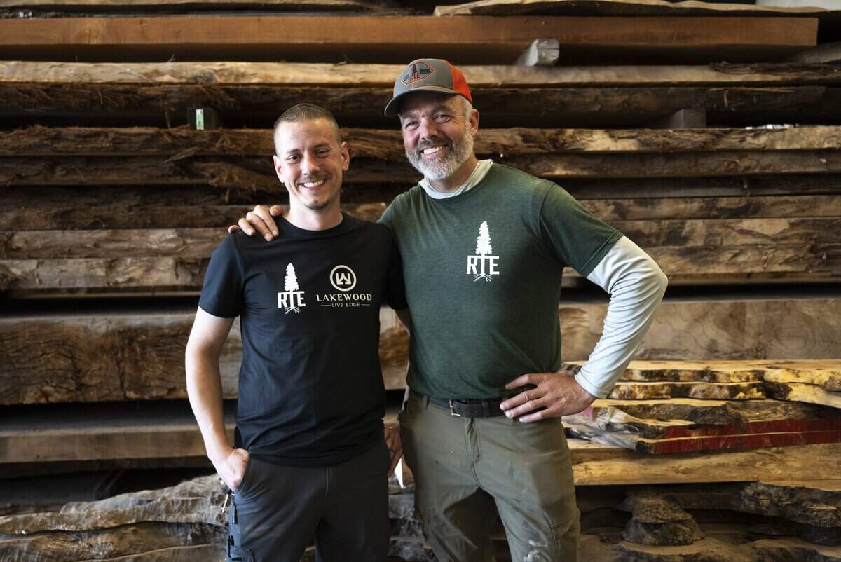 Business manager of Lakewood Live Edge Matt Couch and Ranger Tree Service co-owner Micah Glastetter pose for a portrait at Ranger Tree Service and Lakewood Live Edge, on Tuesday, June 16, 2026, in Lakewood, Wash.