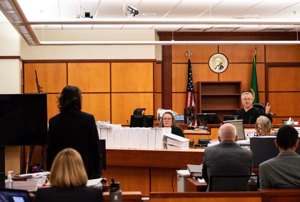 Pierce County Superior Court Judge Bryan Chushcoff listens to procedural arguments from the prosecution Wednesday, Nov. 1, 2023, at Pierce County Superior Court in Tacoma. Court went on recess for the remainder of the day. (Luke Johnson / Pool / The Seattle Times)