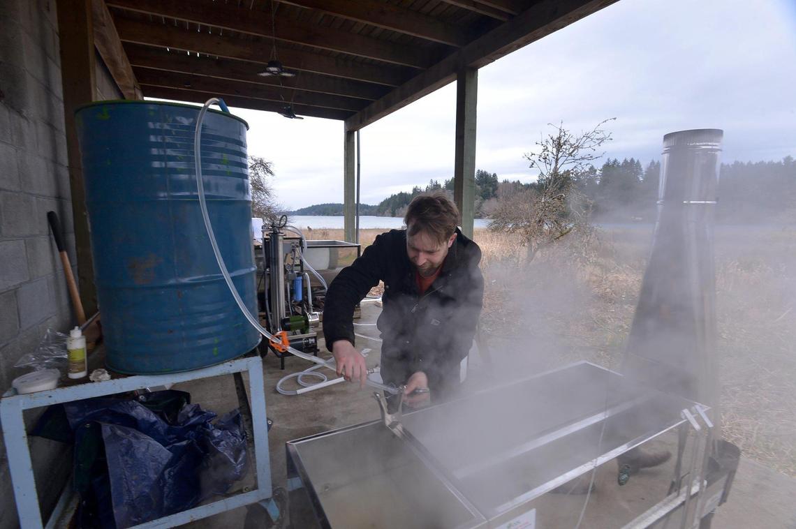 Manager Patrick Shults conducts a Jan. 30, 2022 processing run of bigleaf maple syrup at the Myers Point Environmental Field Station near the Henderson Inlet shoreline in north Thurston County, and is becoming one of the state experts in the syrup harvesting.
