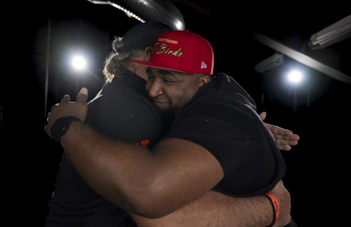 Sumner head coach Keith Ross and Mount Tahoma head coach Keith Terry pose for a portrait after being selected as coaches of the year for The News Tribune’s 2025 All-Area football team at Mount Tahoma High School, on Sunday, Dec. 7, 2025, in Tacoma, Wash.