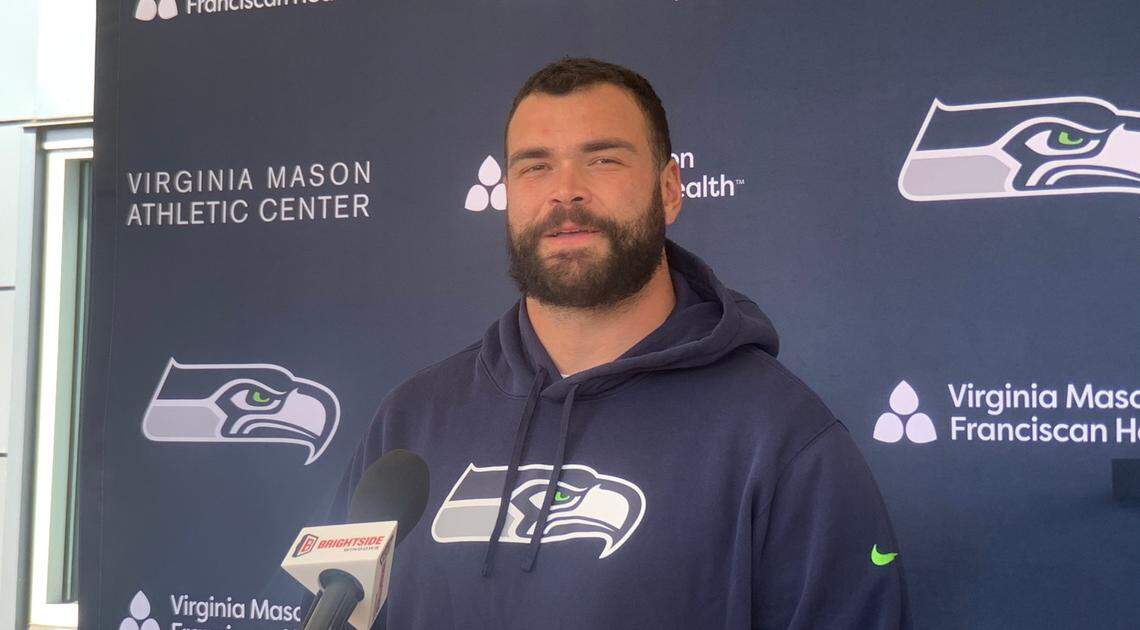 New starting center Connor Williams, a six-year starter in the NFL, on his first day after signing a one-year contract with the Seattle Seahawks. Williams watched practice at the Virginia Mason Athletic Center in Renton Aug. 12, 2024. He tore the anterior cruciate ligament in his left knee in December, 2023, while the Miami Dolphins’ starting center.