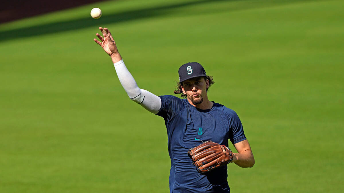 Seattle Mariners starting pitcher Logan Gilbert throws during a workout ahead of Game 1 of baseball’s American League Division Series, Monday, Oct. 10, 2022, in Houston. The Mariners will play the Houston Astros Tuesday.