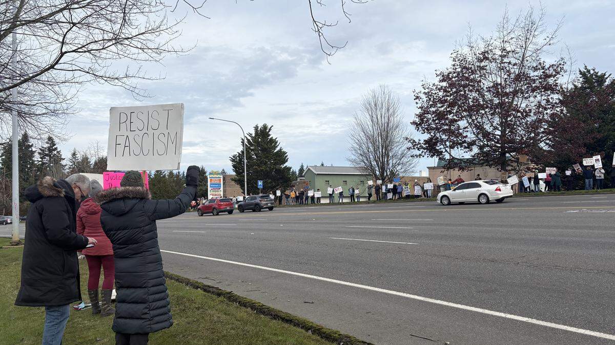 Approximately 250 people rallied in Puyallup midday Saturday to participate in the nationwide “ICE Out For Good” protest.