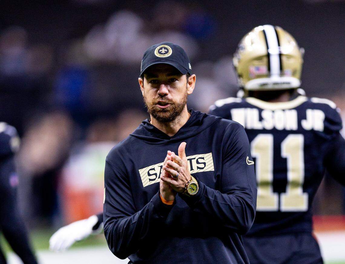 Sep 8, 2024; New Orleans, Louisiana, USA;  New Orleans Saints offensive coordinator Klint Kubiak reacts against the Carolina Panthers during the pregame at Caesars Superdome. Mandatory Credit: Stephen Lew-Imagn Images