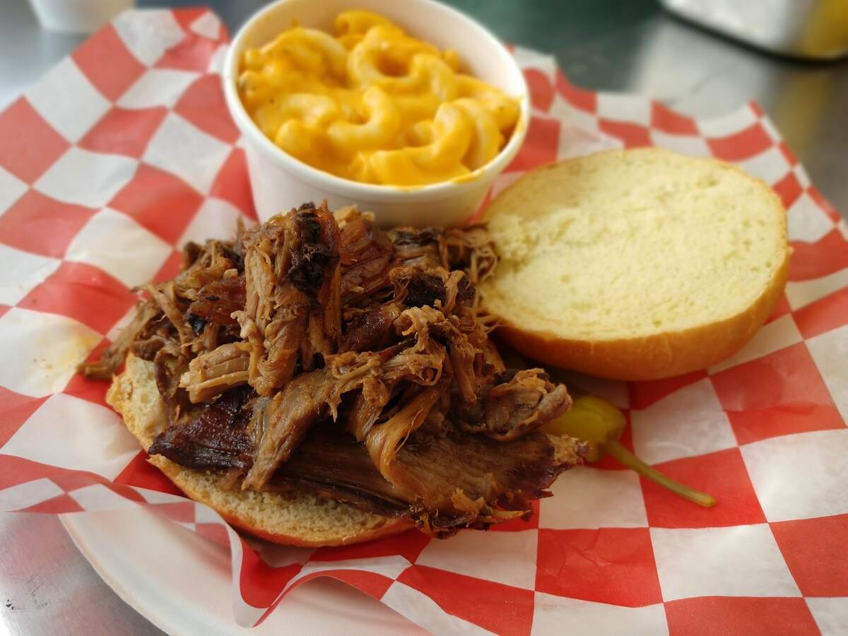 A pulled pork sandwich and macaroni cheese from the BaR-B-Q stand at Cheney Stadium.