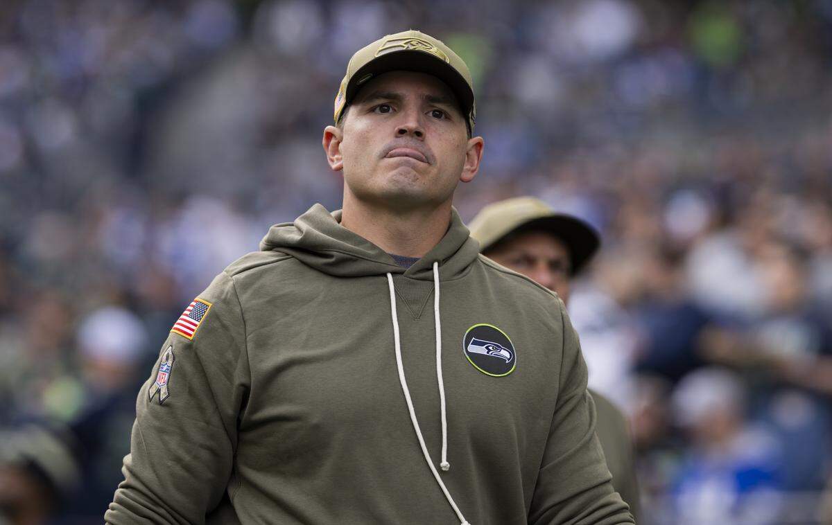 Seattle Seahawks head coach Mike Macdonald walks out ahead of the game against the Arizona Cardinals at Lumen Field, on Sunday, Nov. 9, 2025, in Seattle.