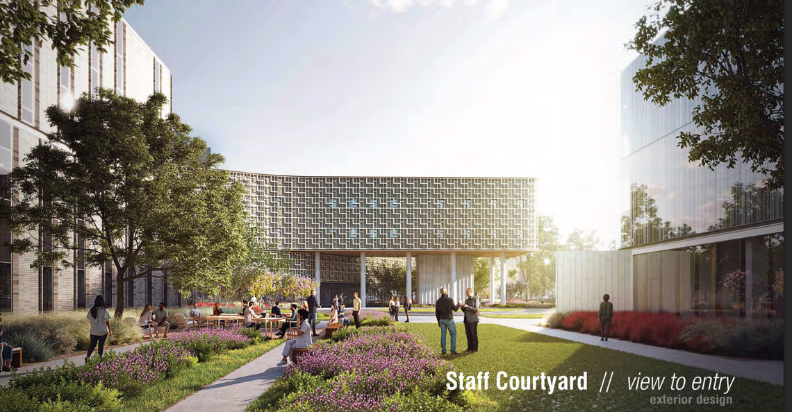 A design rendering of the new Western State Hospital facility in Lakewood, Wash. shows a staff courtyard with green space.