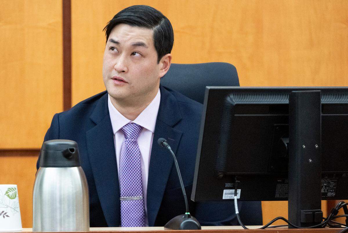 Defendant Timothy Rankine testifies Tuesday under direct examination during the trial of three Tacoma police officers in the killing of Manny Ellis.