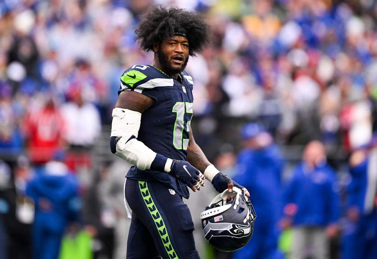Seattle Seahawks linebacker Ernest Jones IV (13) reacts to a Buffalo Bills running back James Cook (4) touchdown during the fourth quarter of the game at Lumen Field, on Sunday, Oct. 27, 2024 in Seattle, Wash.