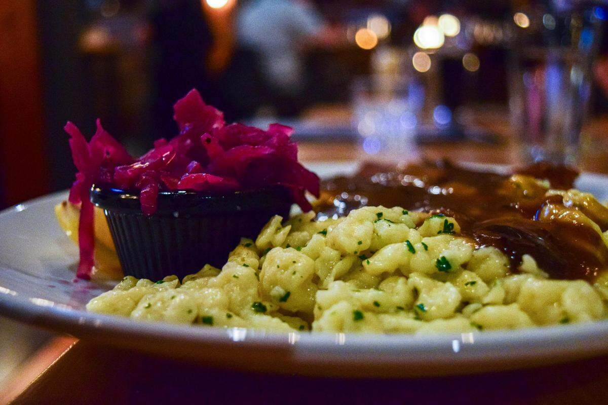 Homemade schnitzel, spätzle and braised red cabbage are among the German menu items, which join a few burgers and plump chicken wings.