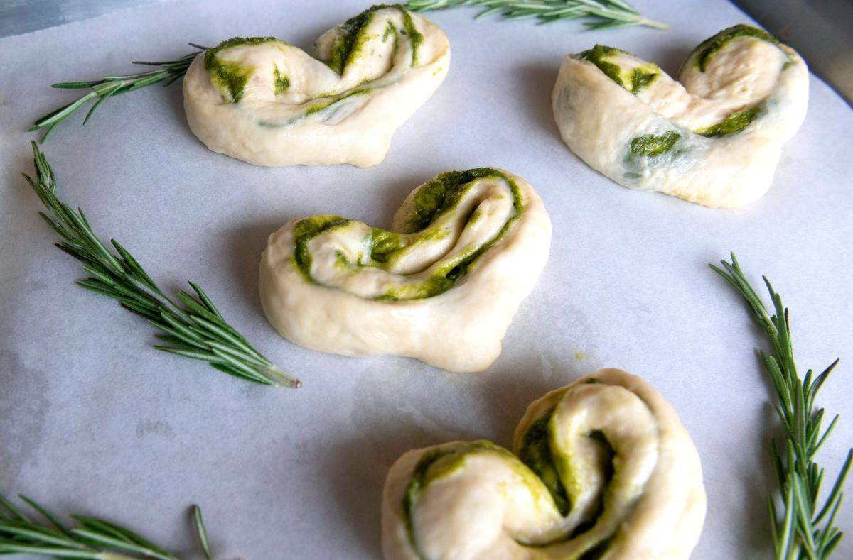 Matcha Hearts pastries, before heading to the oven, made with piroshki dough and green tea powder at Pie Style Bakery in Auburn on Thursday, July 8, 2021.