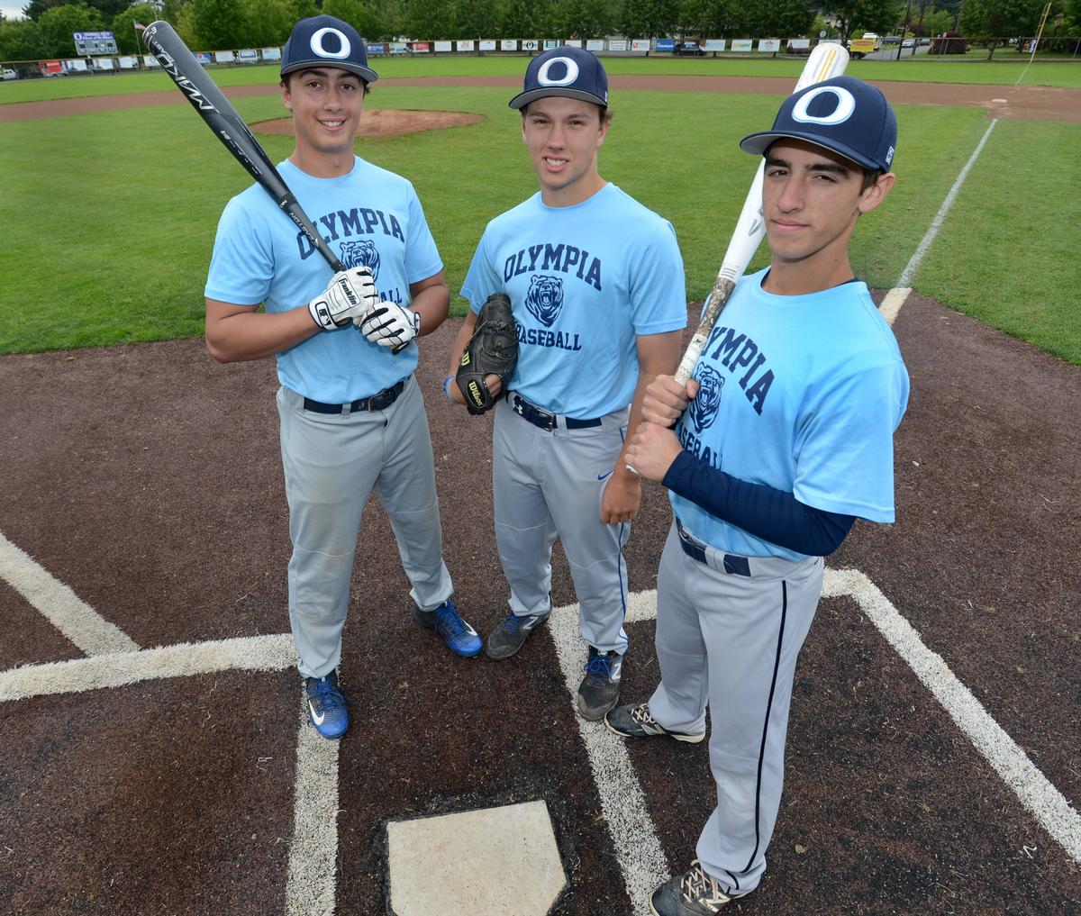 Clyde Twitty, Michael Came and Kevin Flannery (left-right) are part of an Olympia Bears baseball team which is heading into this weekend’s state championship under a full head of steam. Photo taken May 20th.