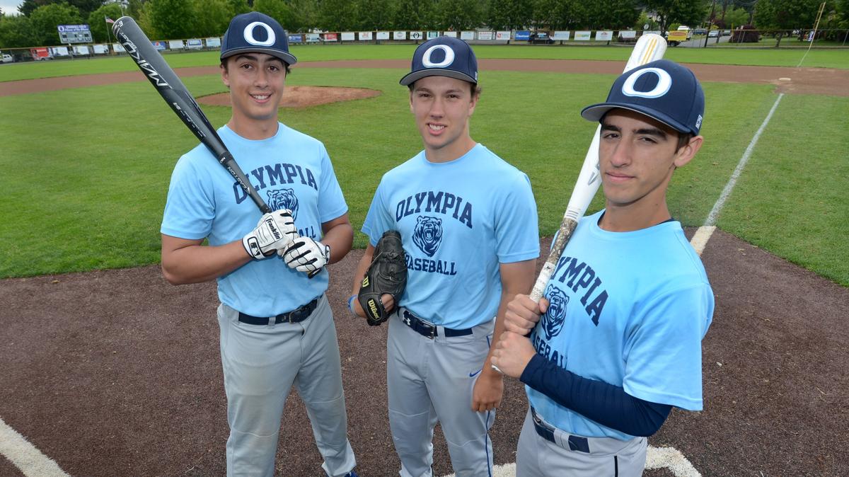 Clyde Twitty, Michael Came and Kevin Flannery (left-right) are part of an Olympia Bears baseball team which is heading into this weekend’s state championship under a full head of steam. Photo taken May 20th.