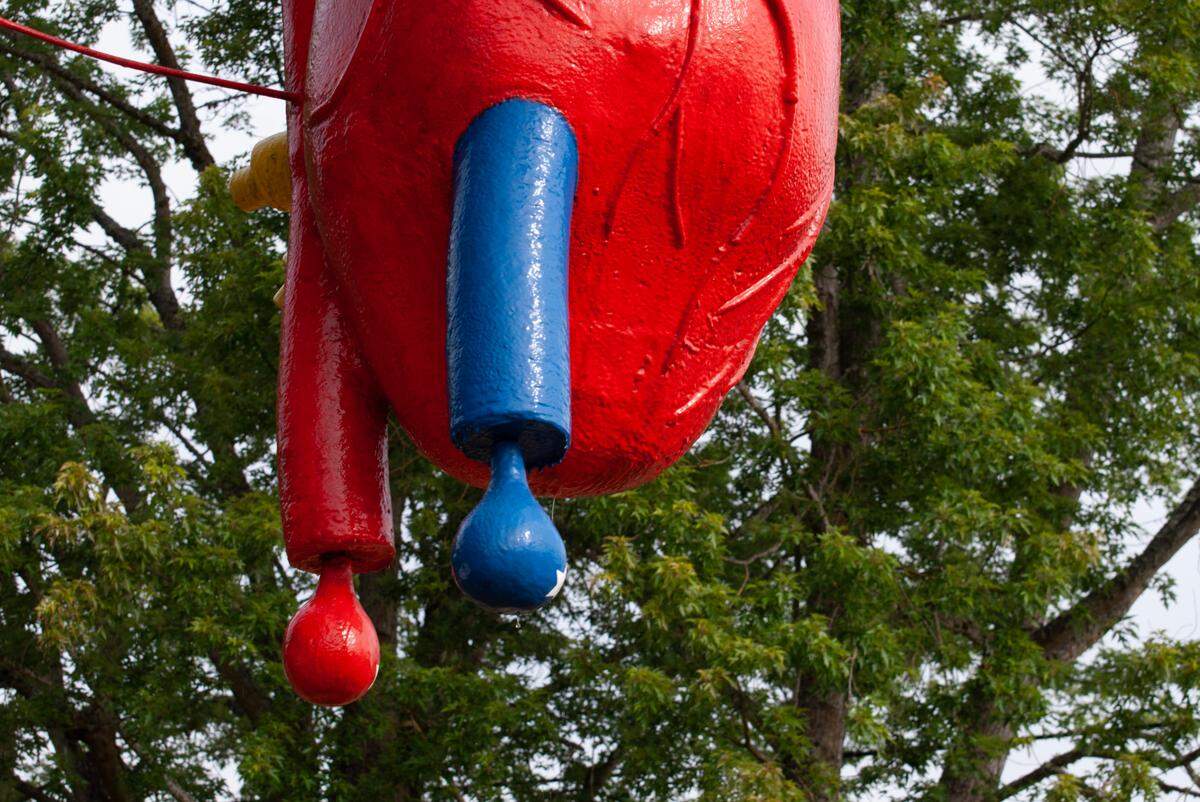 Soap falls off of “Exposed Heart,” a statue in downtown Puyallup, Washington, while being cleaned on June 29, 2023. Artist Chuck Fitzgerald created the statue.