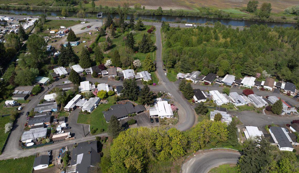 Valley Brook Mobile Home Park is located in a floodplain near Clear Creek and the Puyallup River. Photographed on Wednesday, April 23, 2025, near Tacoma.