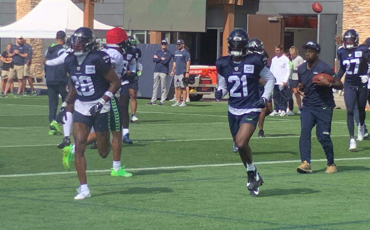 Devon Witherspoon (21) was full go in practice Sept. 13, 2023, and readying to make his NFL and Seahawks debut at defensive back Sept. 17 at the Detroit Lions. He’d been out for more than a month with a hamstring injury.