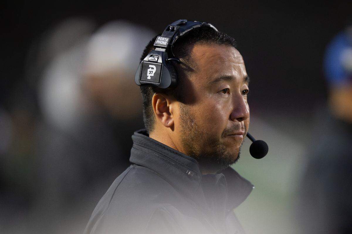 Lincoln head coach Masaki Matsumoto looks on during the first half of the game at Lincoln High School, on Friday, Sept. 13, 2024, in Tacoma, Wash. 