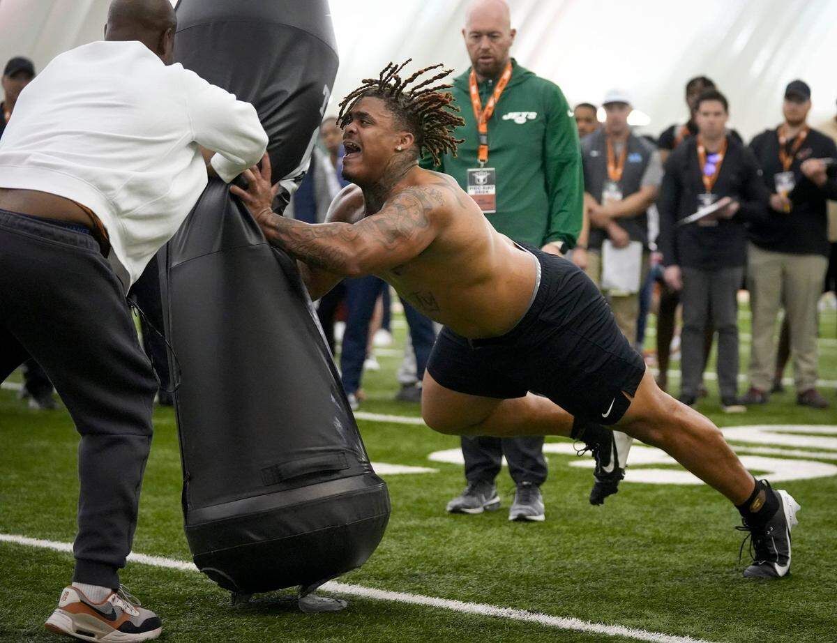 Defensive lineman Byron Murphy runs through drills at Texas Longhorns Football Pro Day at Frank Denius Fields Wednesday March 20, 2024.