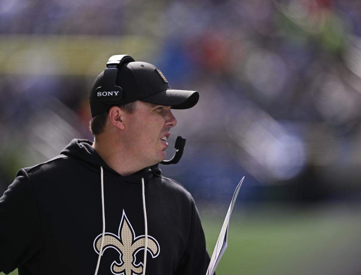 New Orleans Saints head coach Kellen Moore looks on during the second quarter of the game against the Seattle Seahawks at Lumen Field, on Sunday, Sept. 21, 2025 in Seattle.