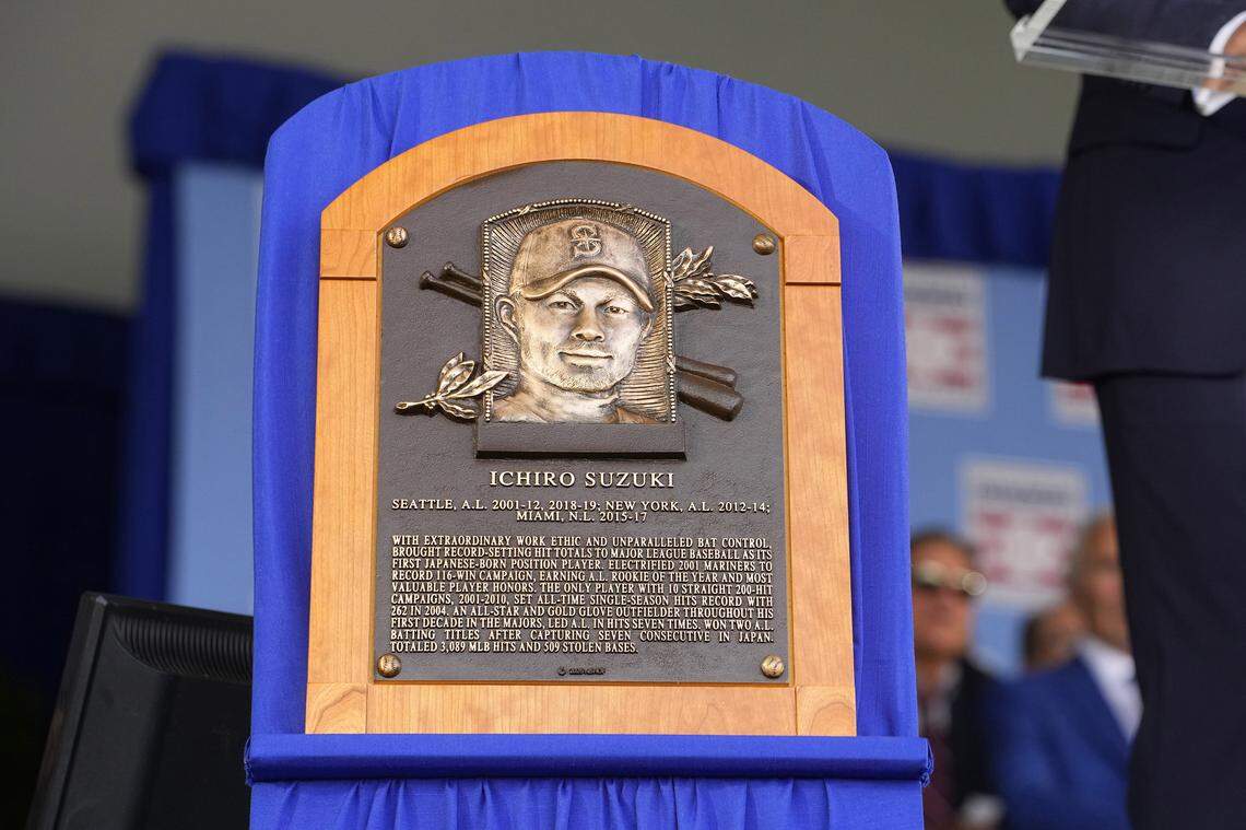 Jul 27, 2025; Cooperstown, NY, USA; A plaque for Hall of Fame inductee Ichiro Suzuki on display during the Baseball Hall of Fame Induction Ceremony at the Clark Sports Center. Mandatory Credit: Gregory Fisher-Imagn Images
