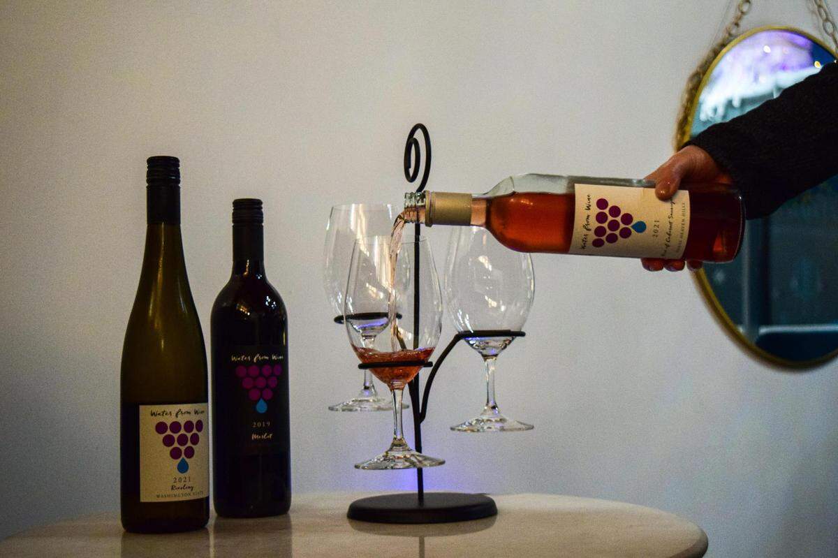 Flights offer a tour of Water from Wine’s reds, whites and rosés. Shown here are the jasmine-scented, super-dry riesling, the 100% cabernet sauvignon rosé, and a rich 2019 merlot.
