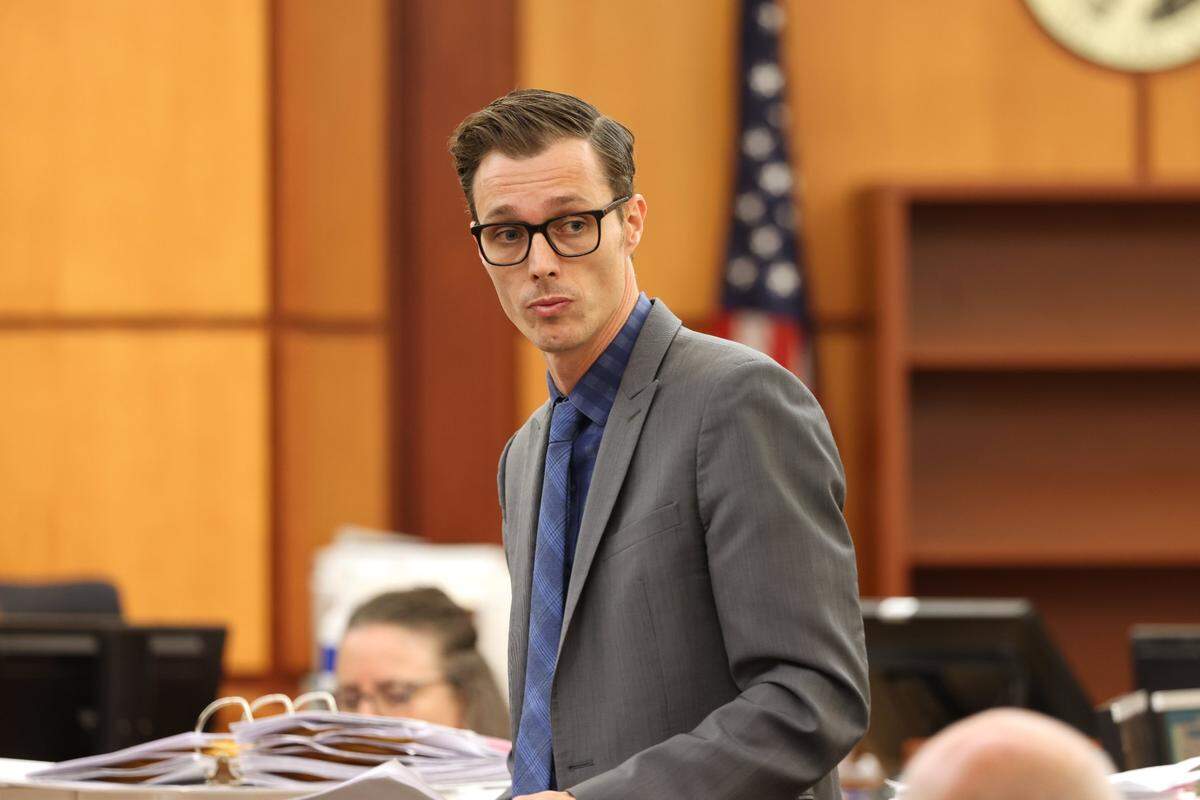Mark Conrad, defense attorney, in Pierce County Superior Court Thursday Nov. 16, 2023, in Tacoma, WA. Police officers Christopher Burbank, Matthew Collins and Timothy Rankine are charged with the death of Manny Ellis. 225515