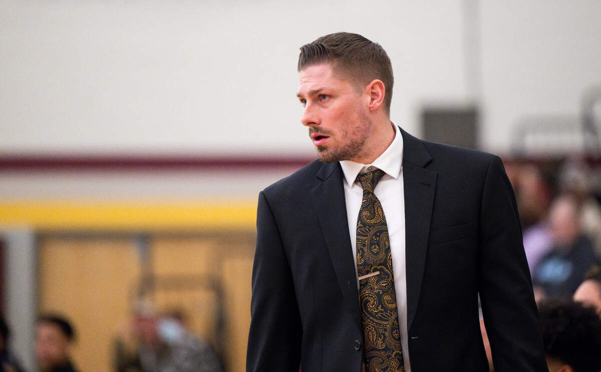 Lincoln Abes head coach Ryan Rogers looks on during the first half of the 3A District 3/4 tournament boys semifinal against the Federal Way Eagles on Tuesday, Feb. 18, 2025, in Tacoma, Wash.