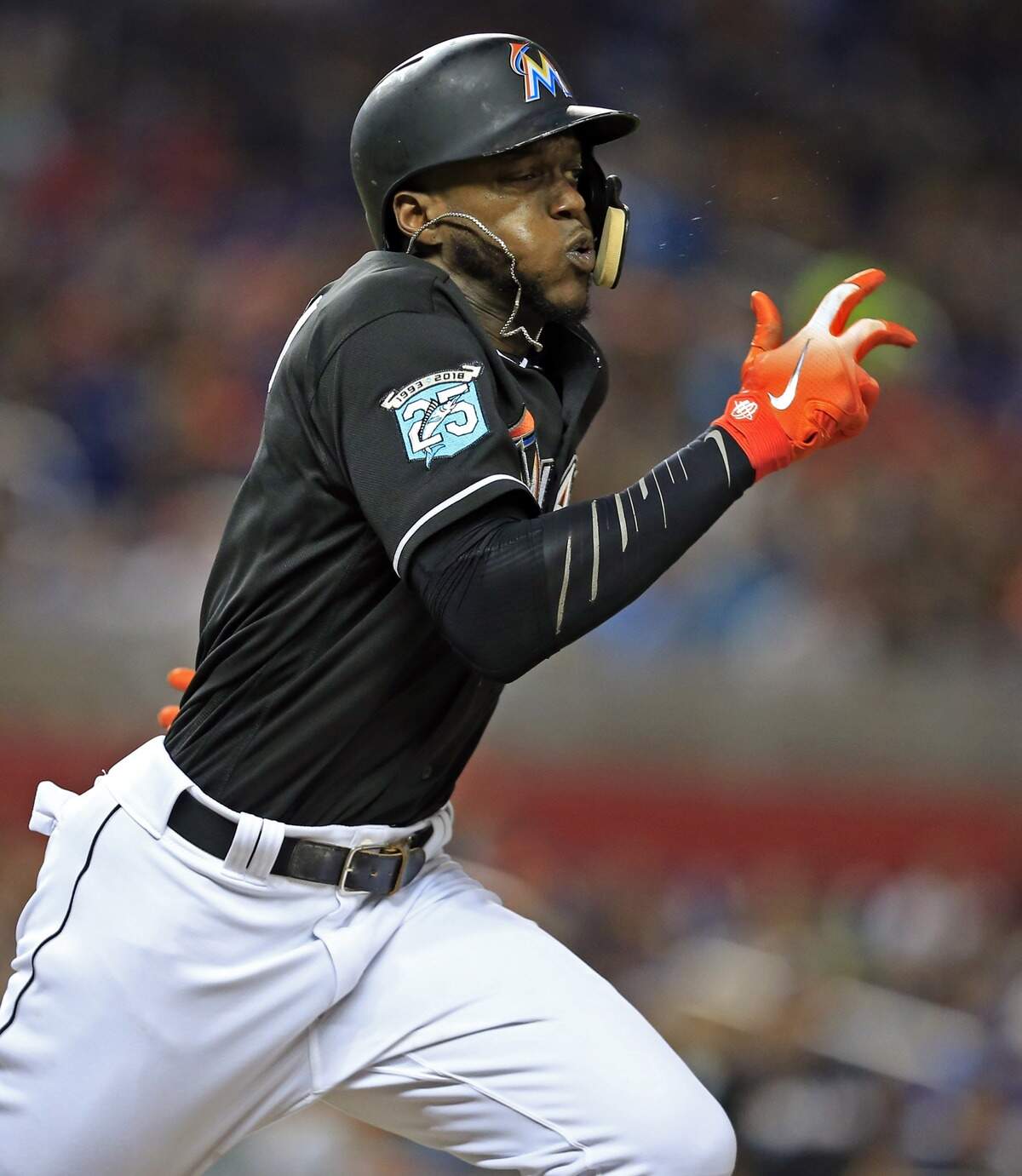 The Miami Marlins’ Cameron Maybin grounds out to third in the second inning against the Washington Nationals at Marlins Park in Miami on Saturday, July 28, 2018. (Al Diaz/Miami Herald/TNS)