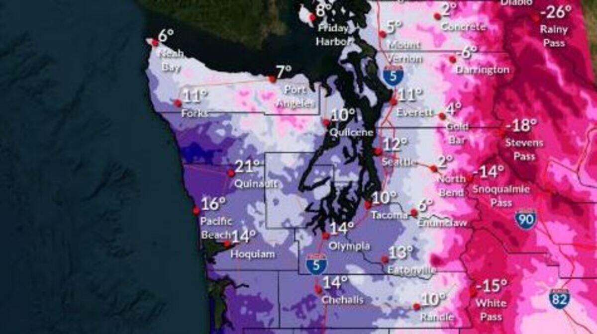 The National Weather Service’s wind chill map for western Washington on Thursday.