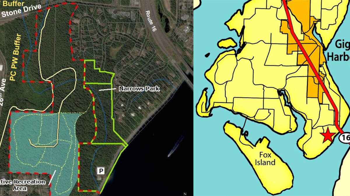 Aerial view, left, shows Narrows West recreation area outlined in red. Blue shaded area is for “active” recreation.