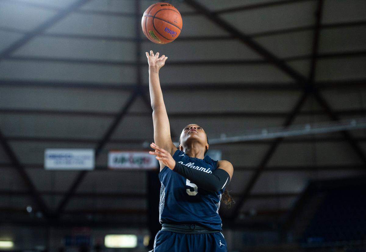 Bellarmine Prep guard Kiara Stone (5) shoots a layup during an opening round game against Davis at the WIAA state basketball tournament in the Tacoma Dome in Tacoma, Washington, on Wednesday, March 1, 2023.