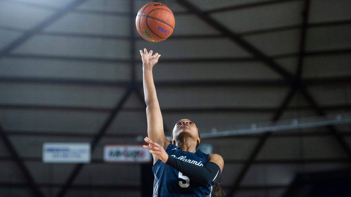 Bellarmine Prep guard Kiara Stone (5) shoots a layup during an opening round game against Davis at the WIAA state basketball tournament in the Tacoma Dome in Tacoma, Washington, on Wednesday, March 1, 2023.