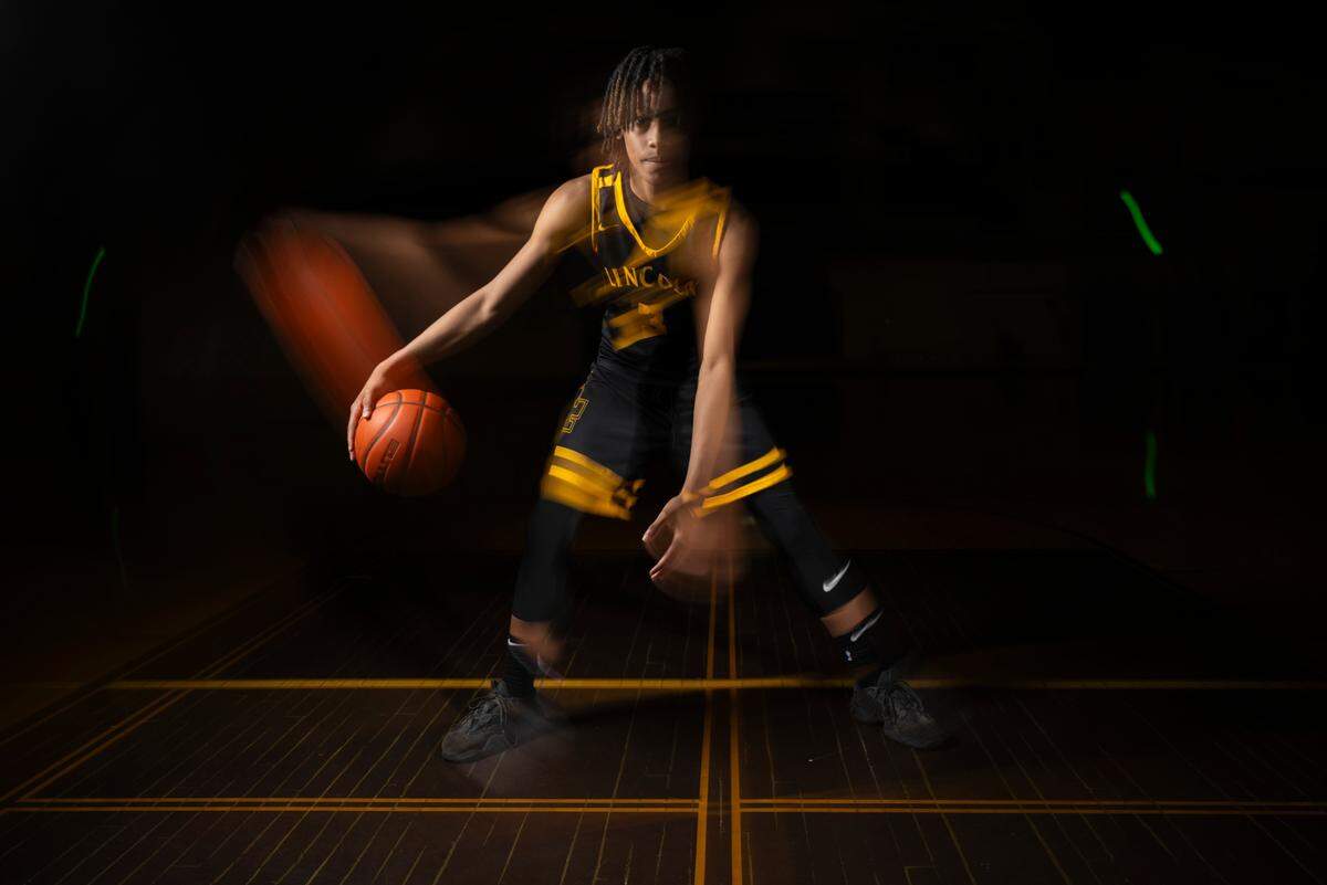 The News Tribune’s 2025 All-Area boys basketball first-team selection, Lincoln freshman Davion Shareef-Dulaney, poses for a portrait at Sumner High School, on Sunday, March 23, 2025, in Sumner.