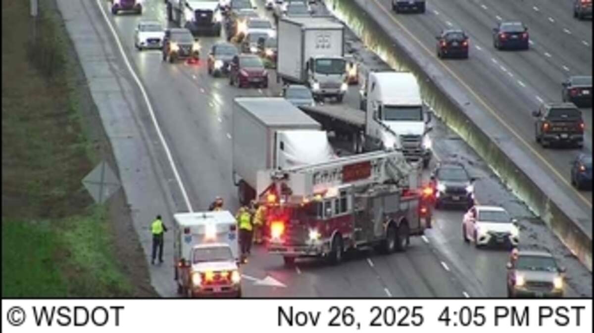 Car and semi collision closes three lanes on southbound I5 | Tacoma ...