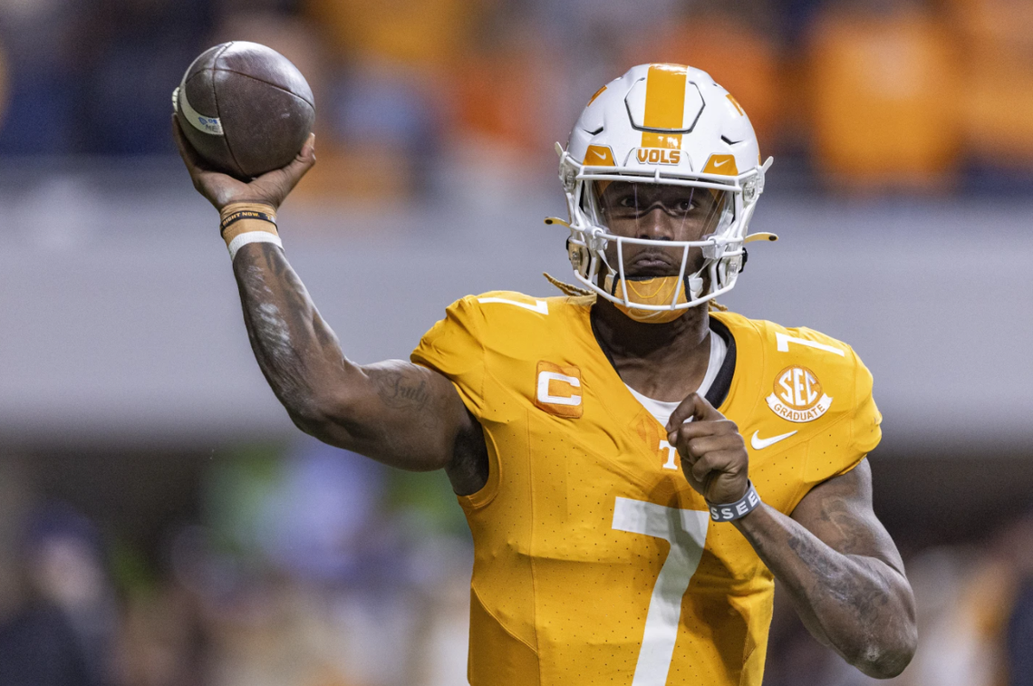 Joe Milton III, quarterback from Tennessee, throws during the second half of a college football game Nov. 25, 2023, against Vanderbilt in Knoxville, Tenn.